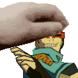 a hand is reaching out towards a cartoon character .