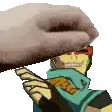 a hand is reaching out towards a cartoon character .