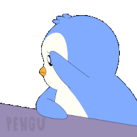 a blue and white penguin is looking out a window with the word pengu on the bottom right