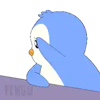 a blue and white penguin is looking out a window with the word pengu on the bottom right