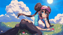 a pixel art of a girl laying in the grass holding a pokeball
