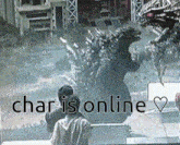 a man and a woman are looking at a monster on a screen with the words `` char is online '' .