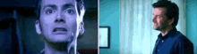 a close up of a man 's face and a close up of a man 's face in a blue shirt .