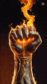 a fist with fire coming out of it and the letter m on the bottom