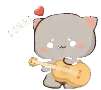 a cartoon cat is holding a guitar and says sorry