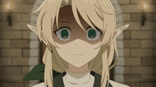 a close up of a blonde anime character with a green eye