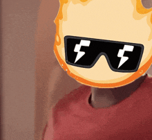 a person wearing sunglasses with lightning bolts on them has a smiley face on their face