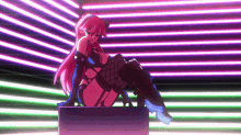 a cartoon character is sitting on a box in front of a neon background