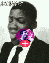 a man in a suit and tie with a red circle with a plus sign on it