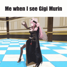 a picture of a girl dancing with the words me when i see gigi murin