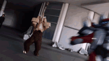 a man in a bear costume is standing in front of a building with a sign that says ' a ' on it