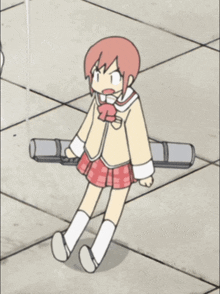 a cartoon girl with red hair is sitting on the ground holding a gun