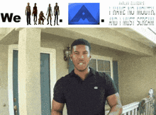 a man standing in front of a house with a sign that says we