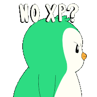 a cartoon penguin with the words no xp written on its head