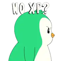 a cartoon penguin with the words no xp written on its head