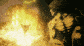 a cartoon of a man standing in front of a fireball .