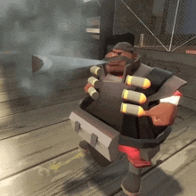 a man in a video game is holding a shield with bullets on it