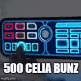 a person pressing a button on a cell phone that says 500 celia bunz on it
