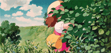 a cartoon of a girl hiding behind a bush with leaves