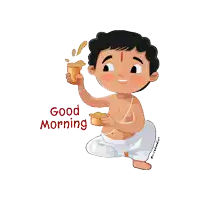 a cartoon illustration of a man holding a cup of coffee and the words good morning