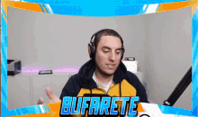 a man wearing headphones is sitting in front of a microphone with the word bufarete on the bottom