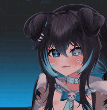 a drawing of a girl with blue hair and a skull necklace