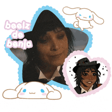 a picture of a woman with the words beelz de benja on the top
