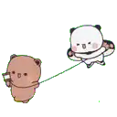 two panda bears are flying in the air with a green string .