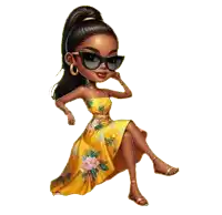 a woman in a yellow dress and sunglasses is sitting down