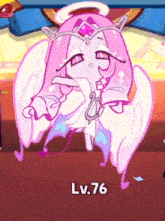 a cartoon character with pink hair and wings is standing in a room with lv.76 written on the bottom .
