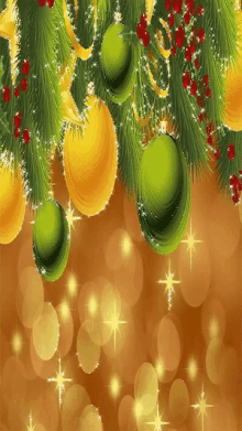 green and yellow christmas balls hanging from a tree branch