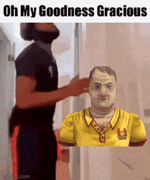 a cartoon of a man in a yellow shirt that says pony on it