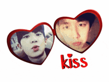 two red hearts with a picture of a man and the word kiss on the bottom