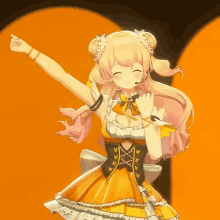 a girl in a yellow dress is smiling and dancing