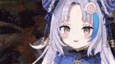 a close up of a cartoon girl with long white hair and a flower in her hair .