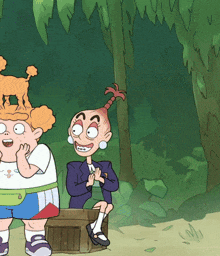 a cartoon of a girl sitting on a box with a dog on her head
