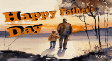 a happy father 's day greeting card with a painting of a man and a child