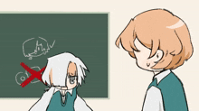 a drawing of a boy standing in front of a blackboard with a red x on it