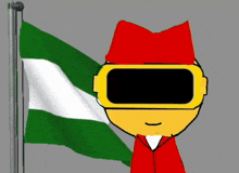 a cartoon character wearing a red hat and goggles is standing in front of a green and white flag