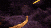 a dragon is flying through a cloudy sky with a purple background