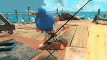 a cartoon of a person holding a fishing rod on a dock