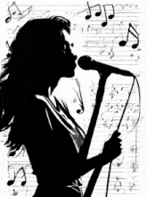a silhouette of a woman singing into a microphone surrounded by music notes .