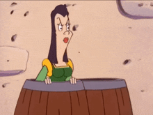 a cartoon woman is sitting in a wooden barrel