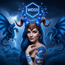 a woman with blue hair has a tattoo of a dollar sign on her shoulder