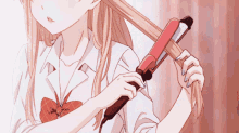 anime curling hair girl fixing hair