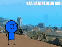 a cartoon character is holding a microphone in front of a city with the words gta baloni olur gibi above him