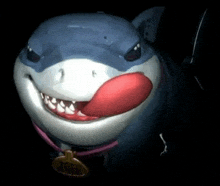 a shark with a pink collar and a red tongue sticking out of its mouth .