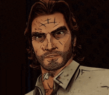 a cartoon of a man with a beard and a cross on his forehead