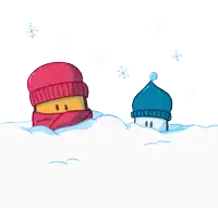 a couple of cartoon characters standing in the snow wearing hats and scarves
