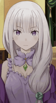 a girl with white hair and purple eyes is wearing a purple dress and a green necklace